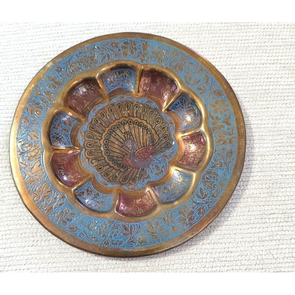 Vintage Brass Peacock Wall Plate With Blue & Red Detailing 6"W